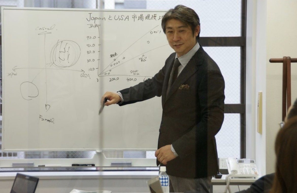 ホワイトボードに日本と米国の市場規模を描きながら講義する西田理一郎