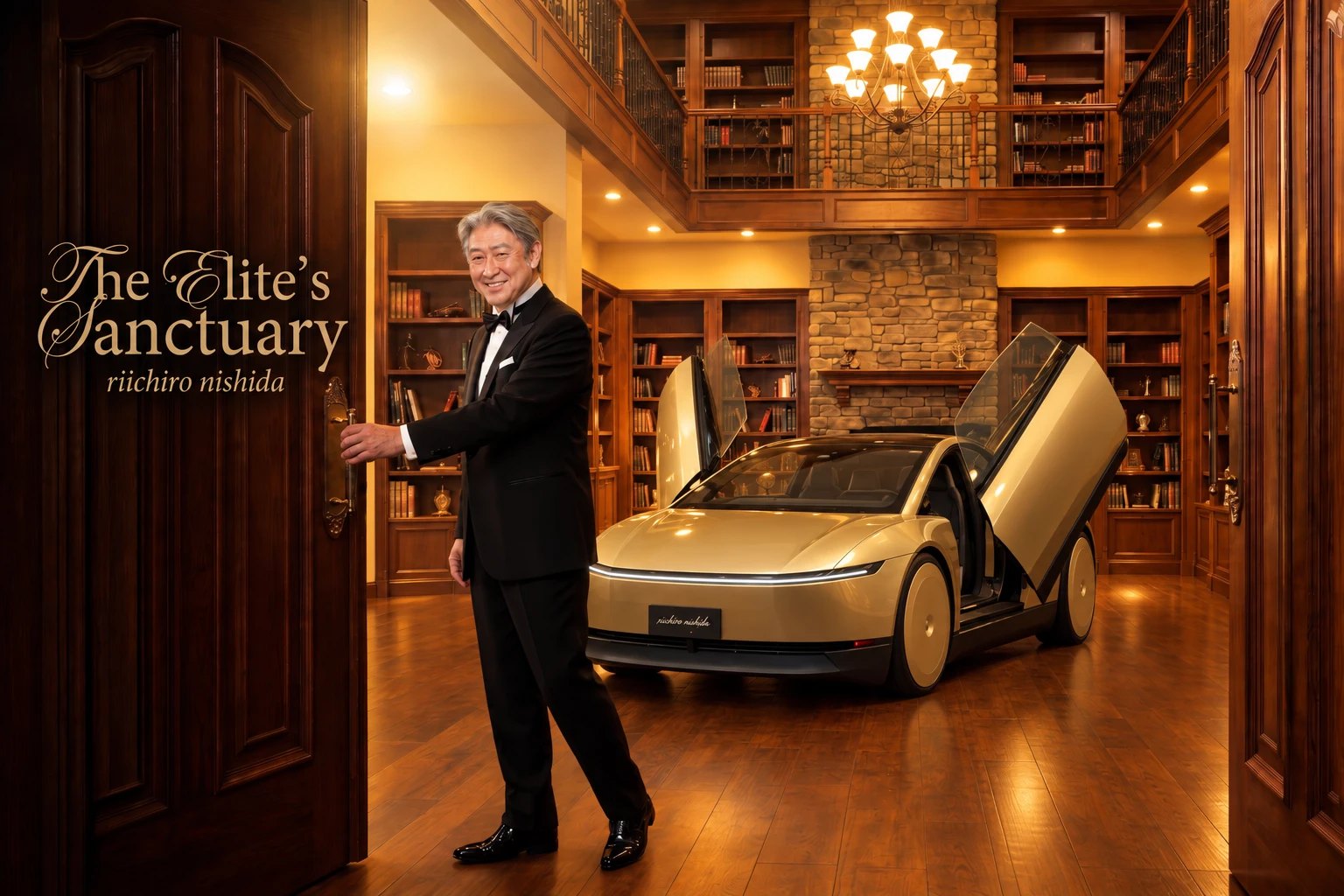 The Elite’s Sanctuary ― 書斎の扉を開け、金色の車とともに迎え入れるタキシード姿の西田理一郎