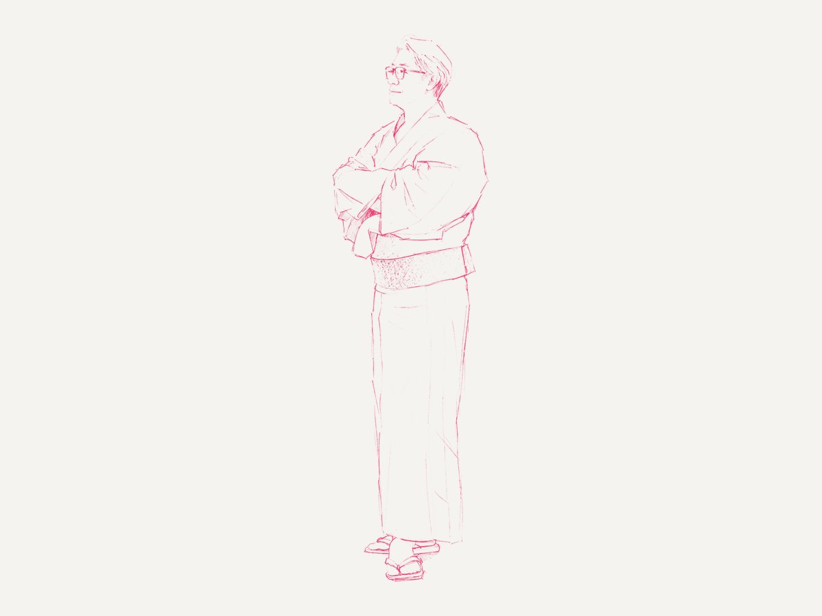 紅の線で描いた着物姿の西田理一郎
